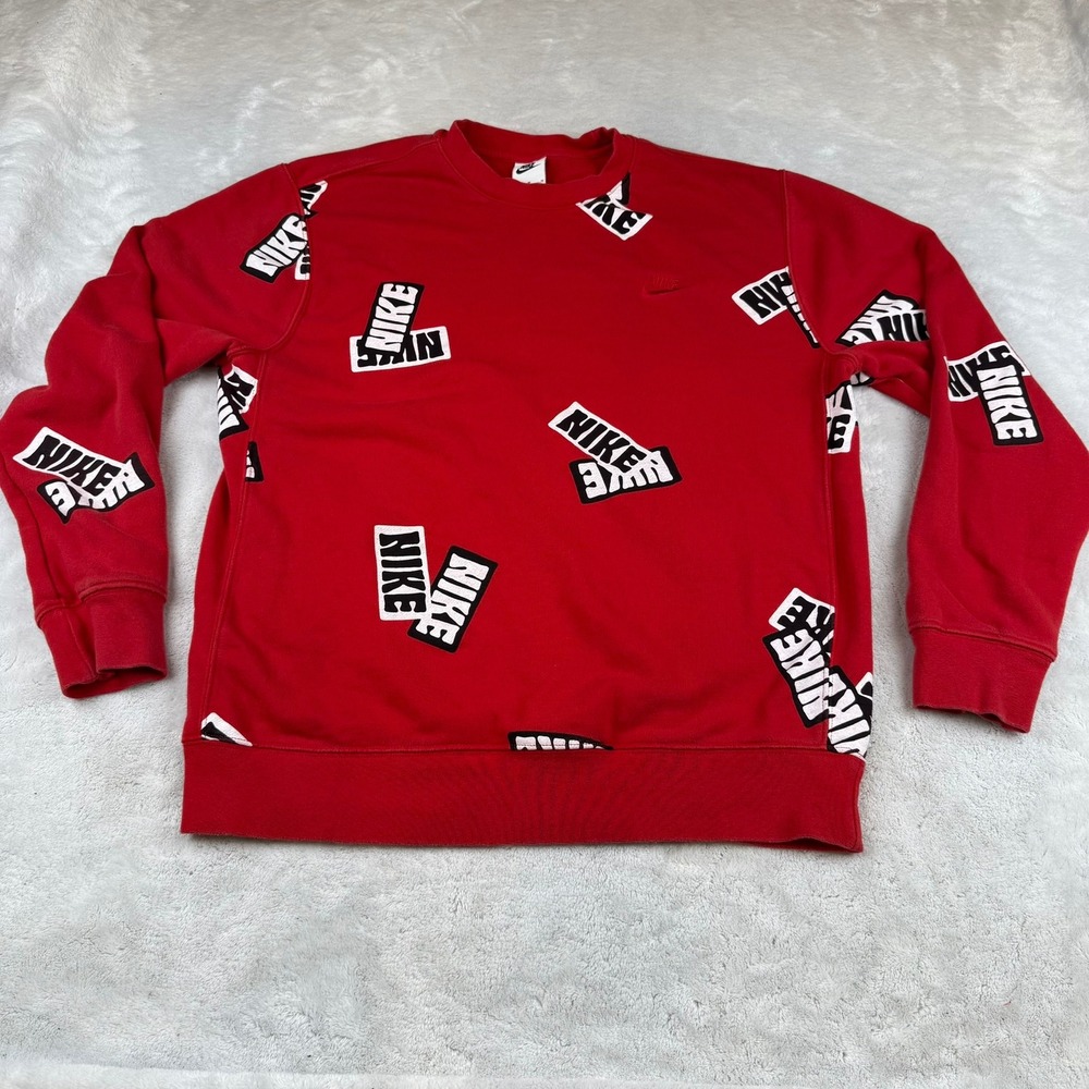 Nike All‎ Over Logo Print Red Crewneck Sweatshirt Men's Size M